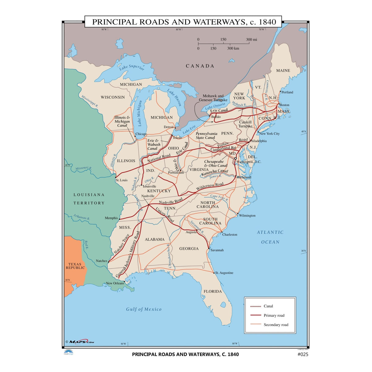 #025 Principal Roads & Waterways, 1840 - Ultimate Globes - POD - KA - HIST - 025 - LAMINATED - Ultimate Globes