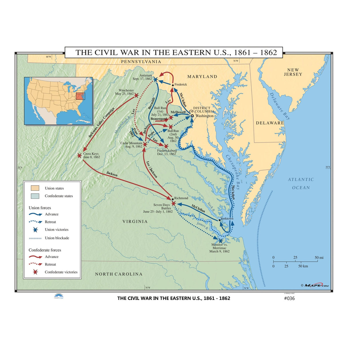#036 The Civil War in the Eastern US, 1861 - 1862 - Ultimate Globes - POD - KA - HIST - 036 - LAMINATED - Ultimate Globes