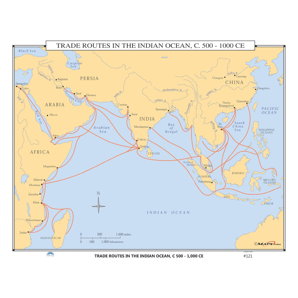 #121 Trade Routes in the Indian Ocean, 500 - 1000 CE - Ultimate Globes - POD - KA - HIST - 121 - LAMINATED - Ultimate Globes