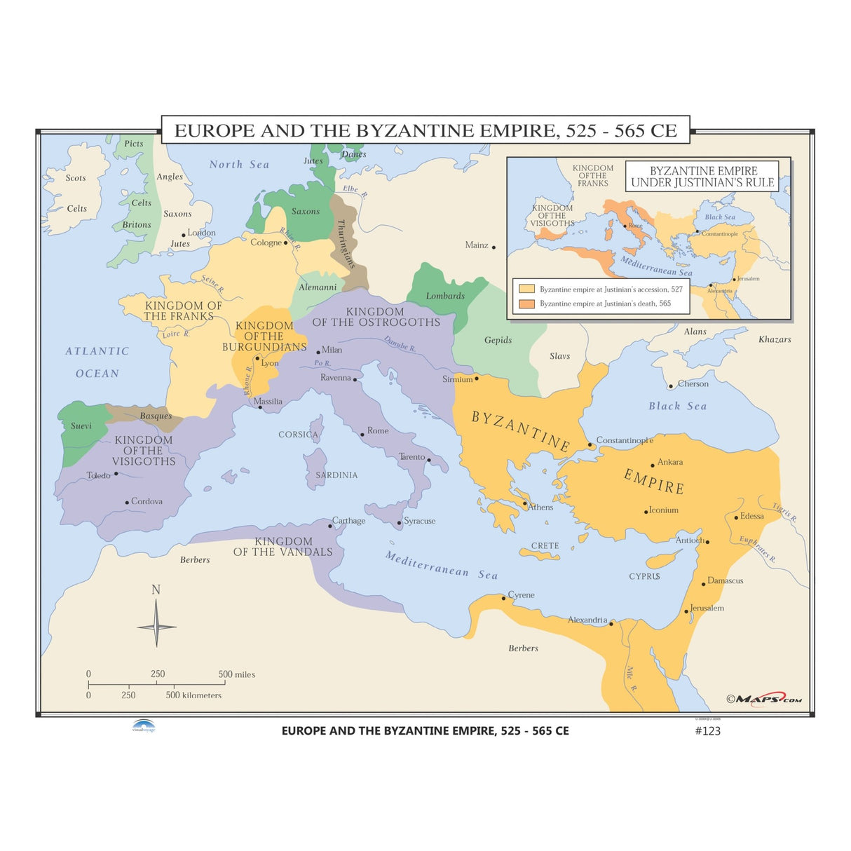 #123 Europe & the Byzantine Empire, 525 - 565 CE - Ultimate Globes - POD - KA - HIST - 123 - LAMINATED - Ultimate Globes