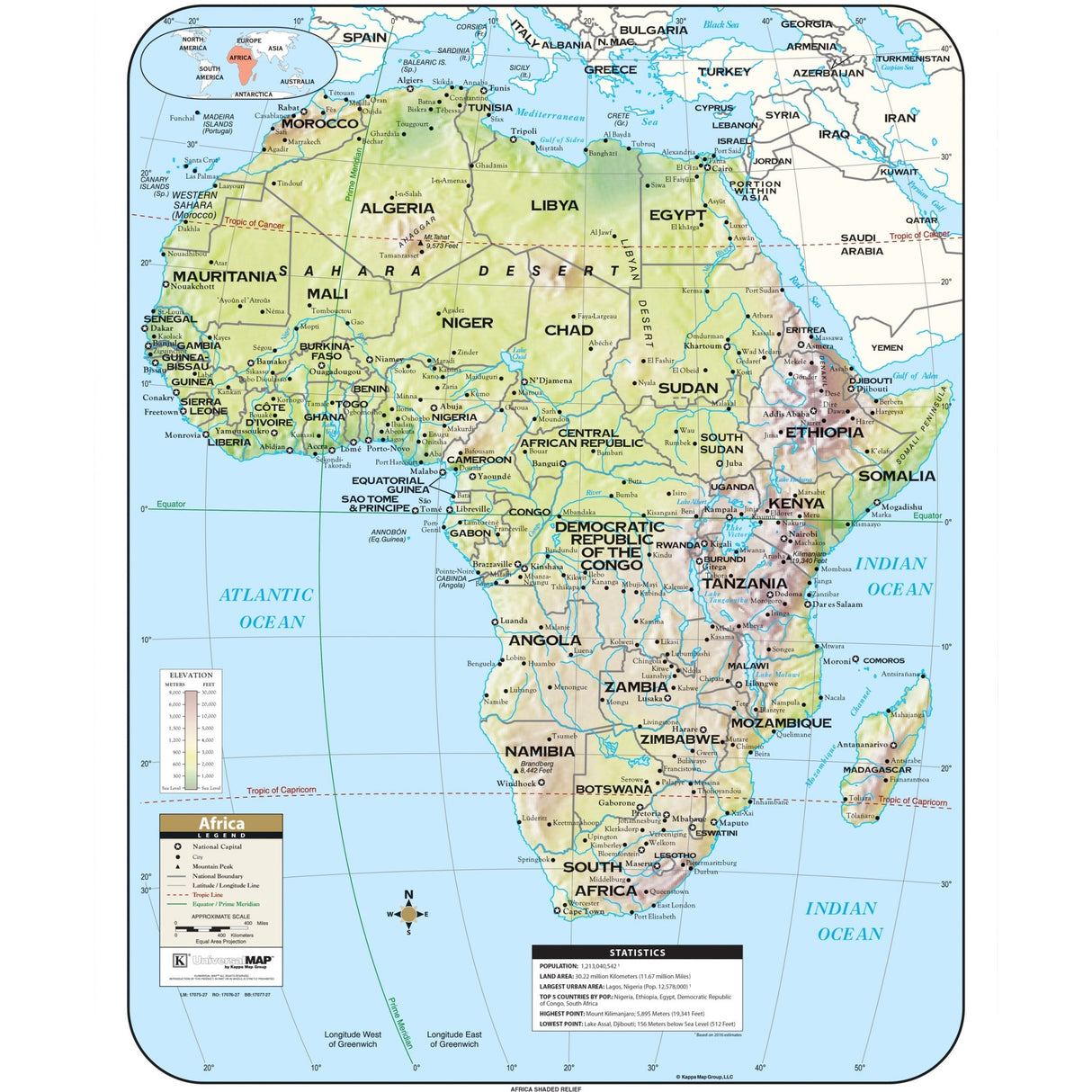 Africa Shaded Relief Wall Map - Ultimate Globes - POD - KA - AFR - SHR - 29X38 - PAPER - Ultimate Globes