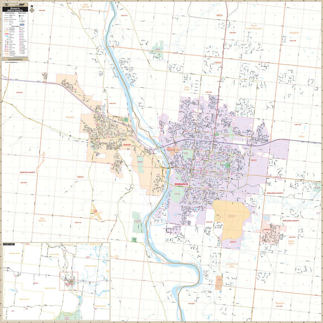 Bismarck & Mandan, ND Wall Map - Ultimate Globes - POD - KA - C - ND - BISMARCK - PAPER - Ultimate Globes