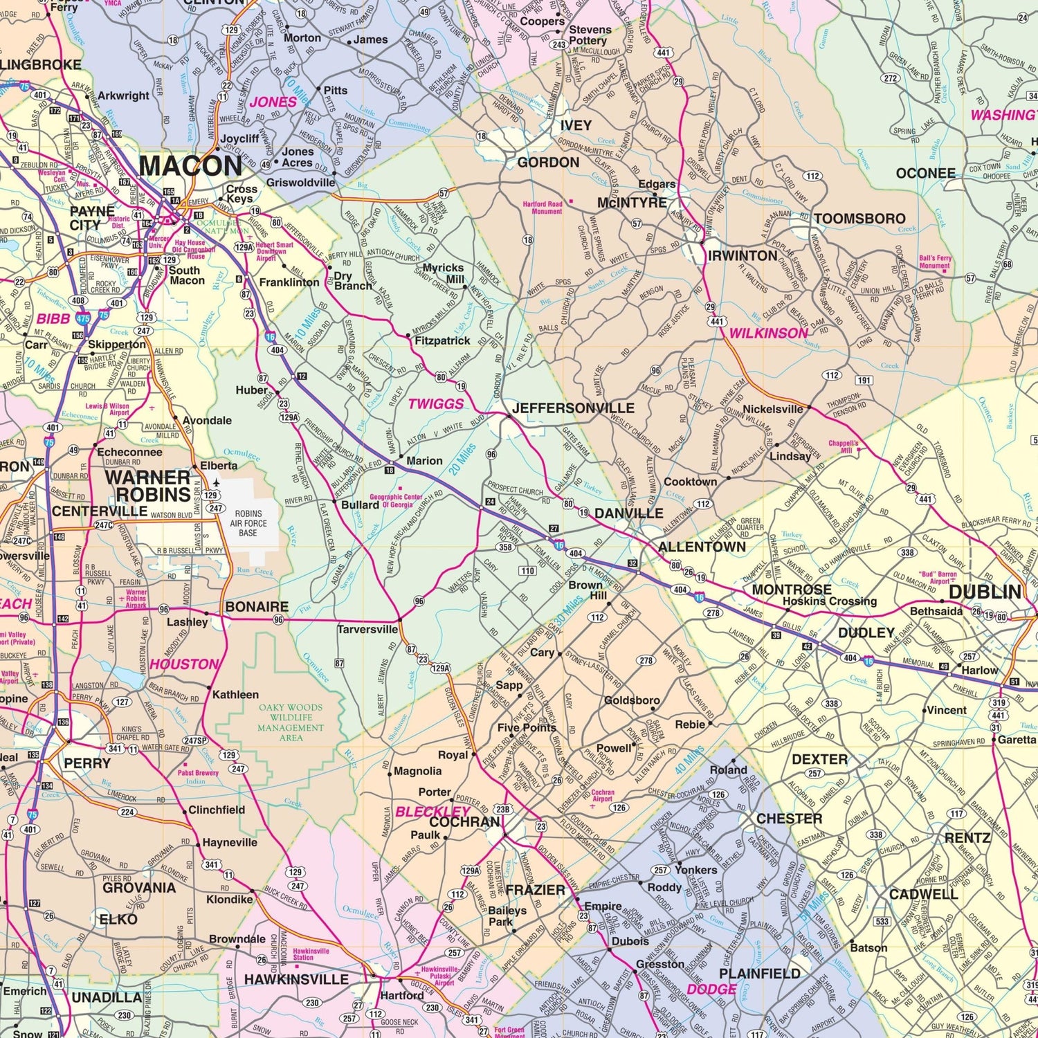 Central Georgia Regional Wall Map - Ultimate Globes - POD - KA - R - GA - CENTRAL - PAPER - Ultimate Globes