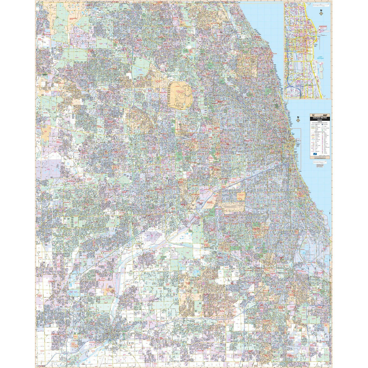 Chicago, IL Metro Area Wall Map - Ultimate Globes - POD - KA - C - IL - CHICAGO - LAMINATED - Ultimate Globes