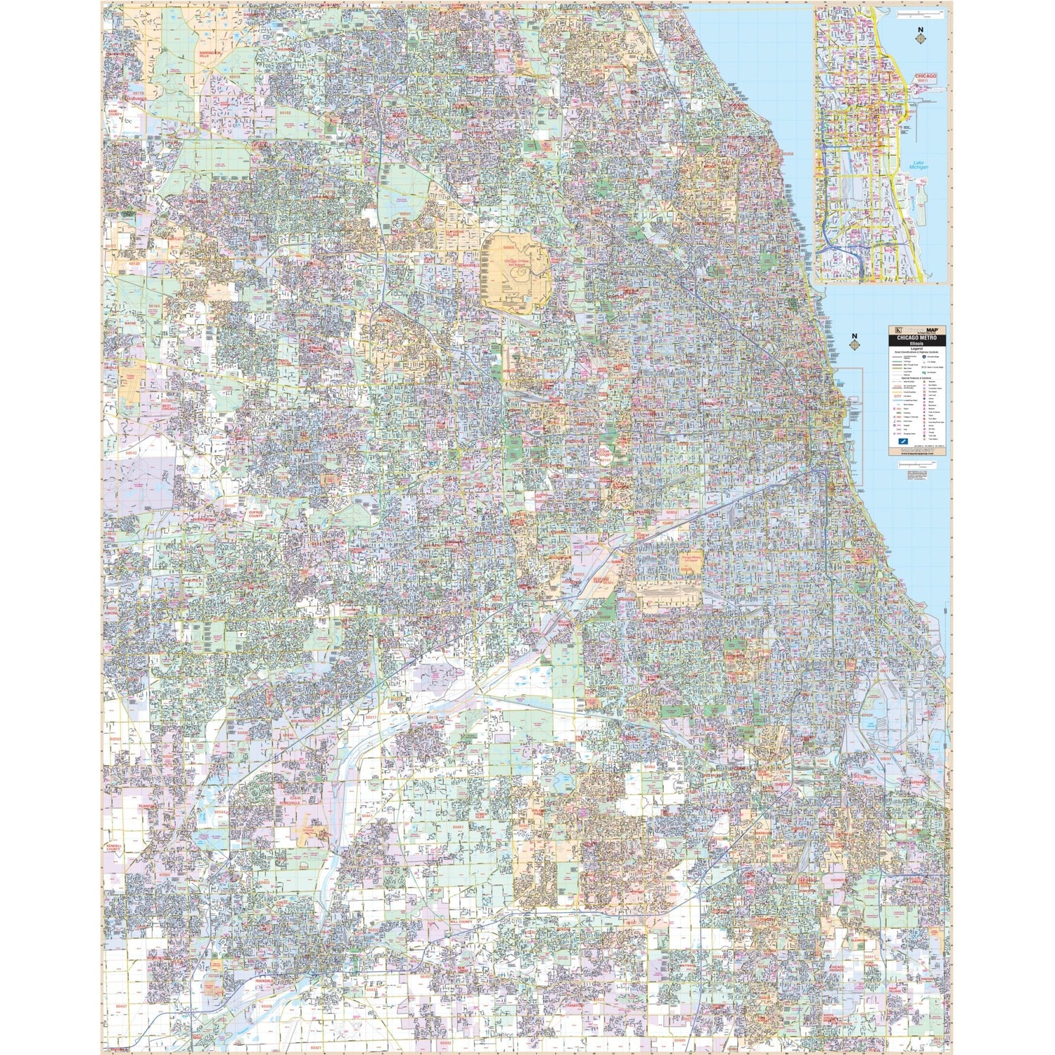 Chicago, IL Metro Area Wall Map - Ultimate Globes - POD - KA - C - IL - CHICAGO - LAMINATED - Ultimate Globes