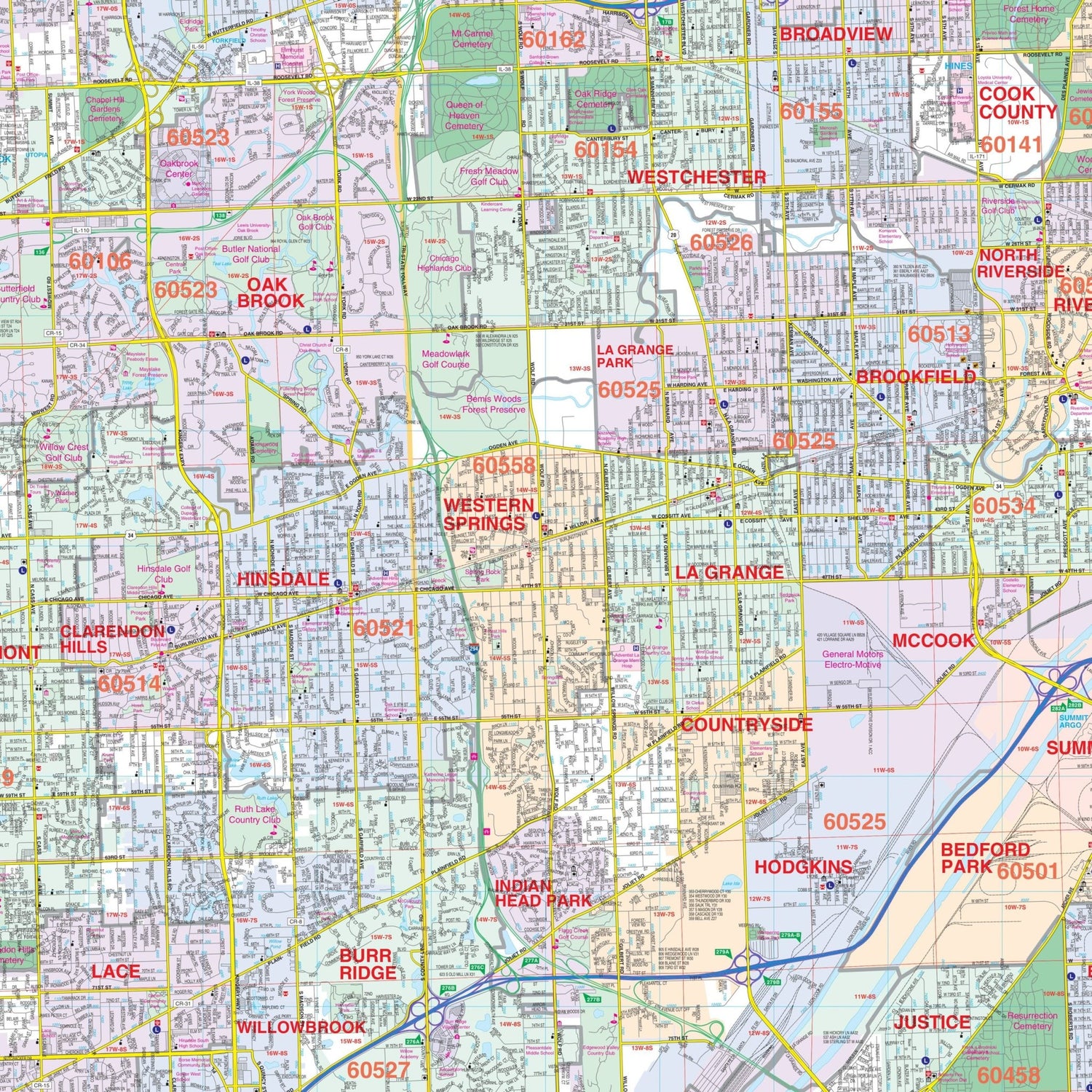 Chicago, IL Metro Area Wall Map - Ultimate Globes - POD - KA - C - IL - CHICAGO - LAMINATED - Ultimate Globes