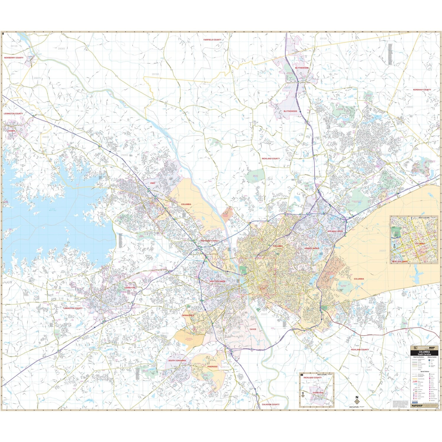 Columbia & West Columbia, SC Wall Map - Ultimate Globes - POD - KA - C - SC - COLUMBIA - PAPER - Ultimate Globes