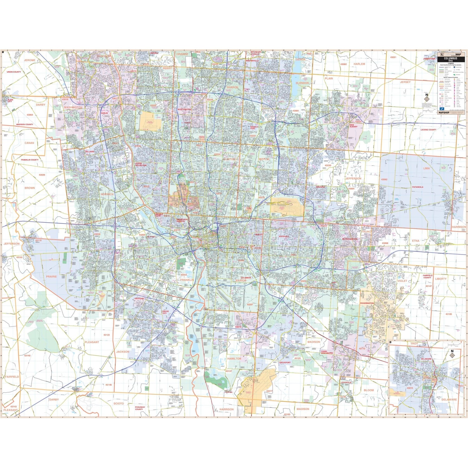 Columbus, OH Wall Map - Ultimate Globes - POD - KA - C - OH - COLUMBUS - PAPER - Ultimate Globes