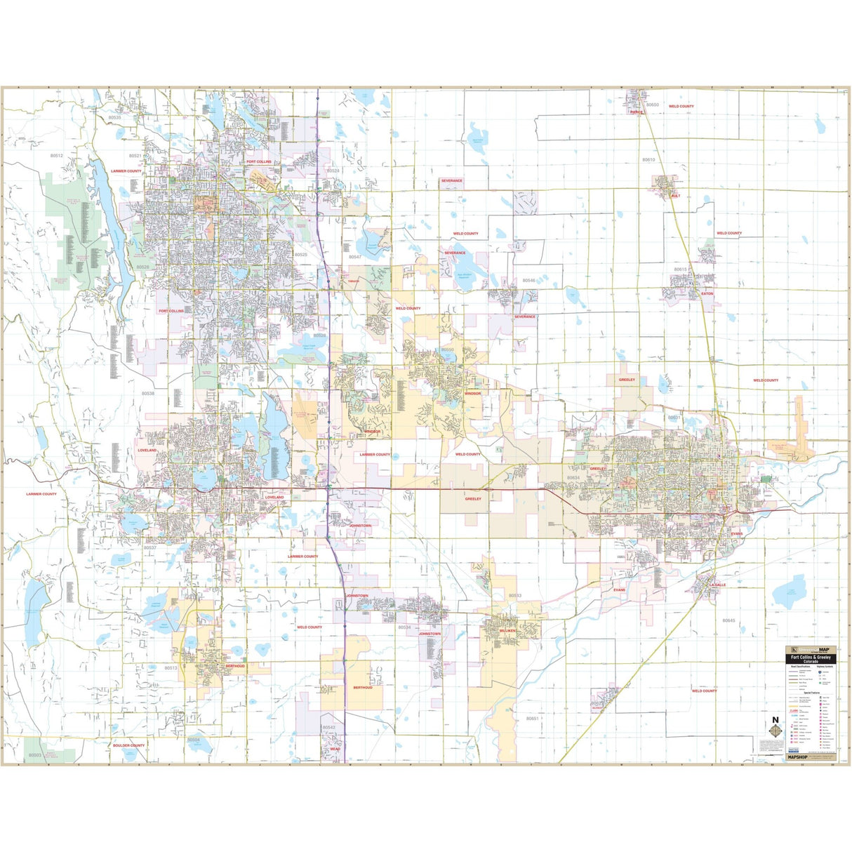 Fort Collins & Greeley, CO Wall Map - Ultimate Globes - POD - KA - C - CO - FORTCOLLINS - PAPER - Ultimate Globes