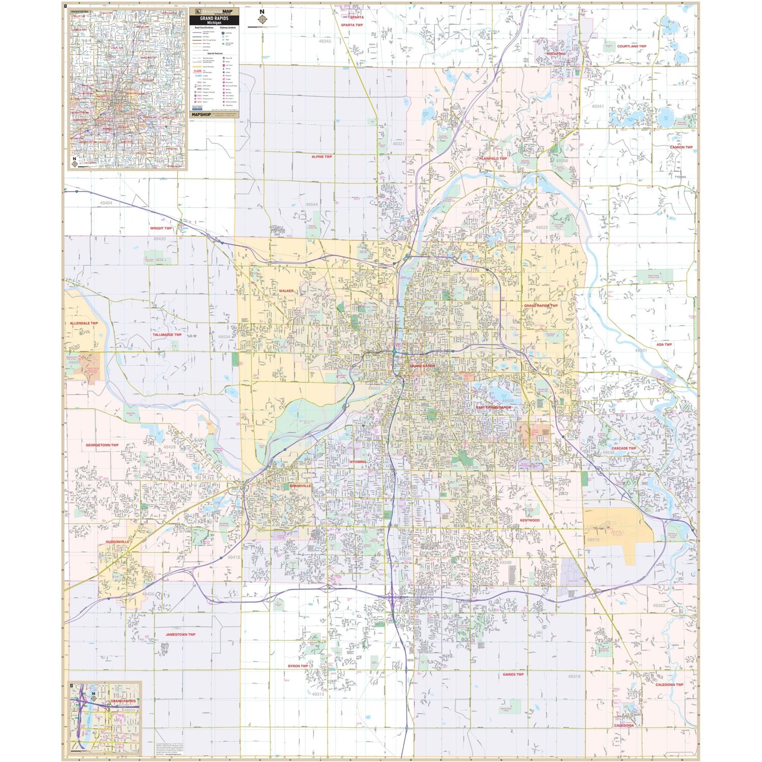 Grand Rapids, MI Wall Map - Ultimate Globes - POD - KA - C - MI - GRANDRAPIDS - PAPER - Ultimate Globes
