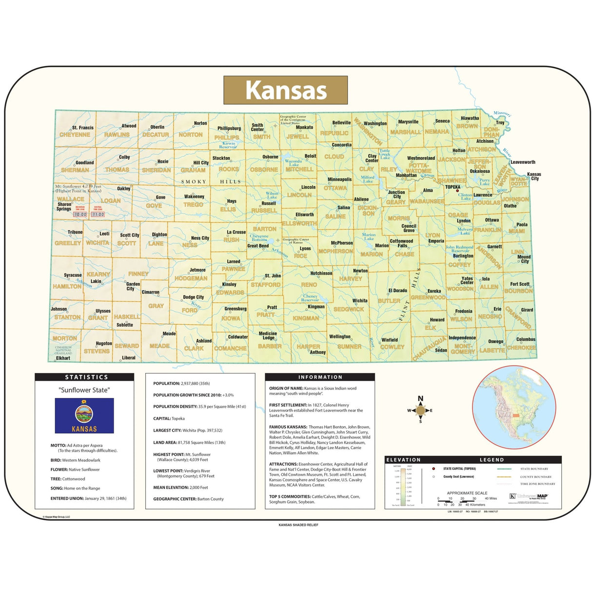 Kansas Shaded Relief State Wall Map - Ultimate Globes - POD - KA - S - KS - SHR - 38X30 - PAPER - Ultimate Globes