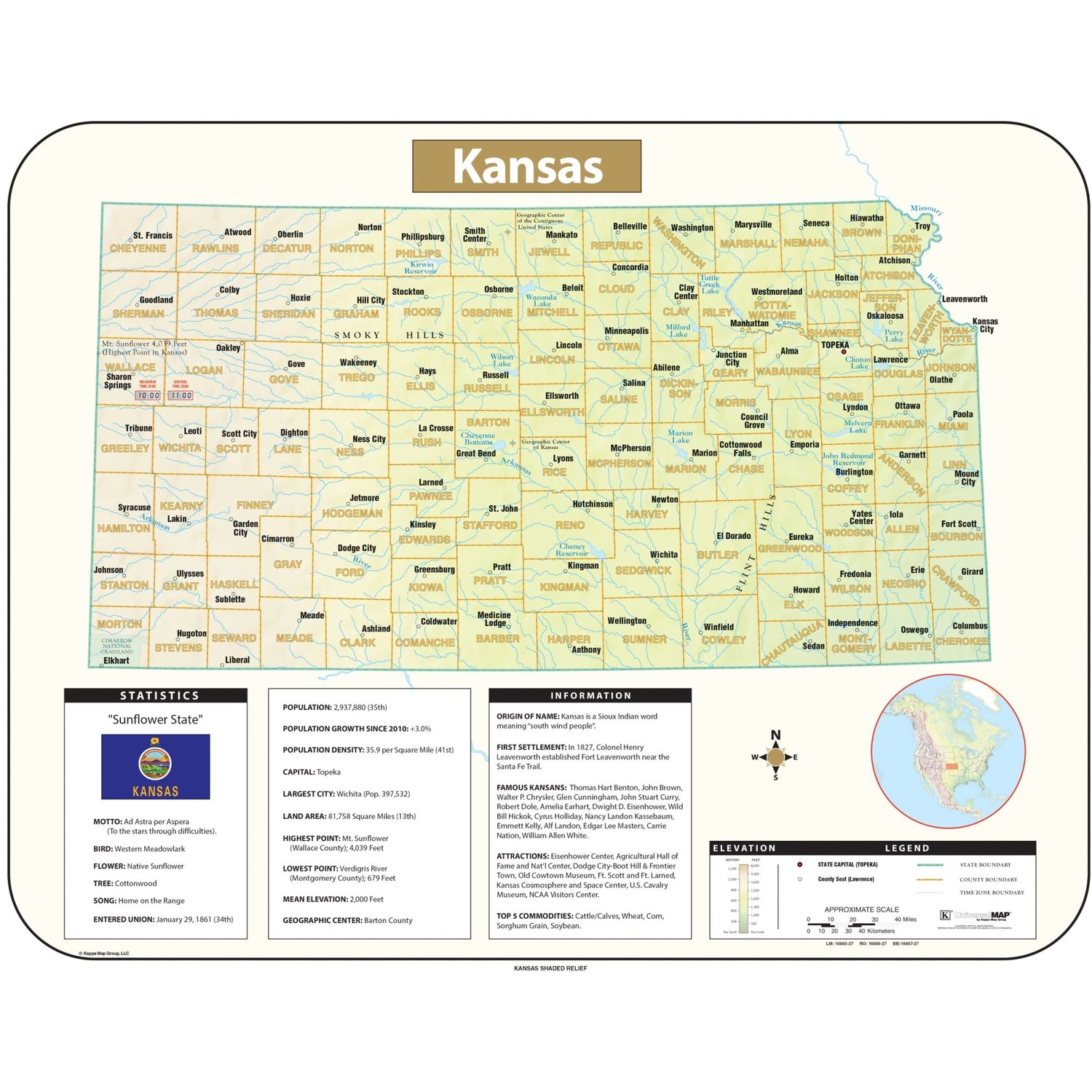 Kansas Shaded Relief State Wall Map - Ultimate Globes - POD - KA - S - KS - SHR - 38X30 - PAPER - Ultimate Globes