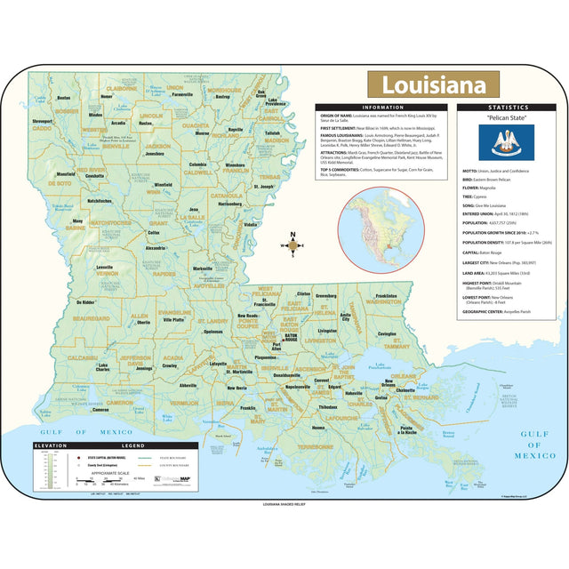 Louisiana Shaded Relief State Wall Map - Ultimate Globes - POD - KA - S - LA - SHR - 38X30 - PAPER - Ultimate Globes
