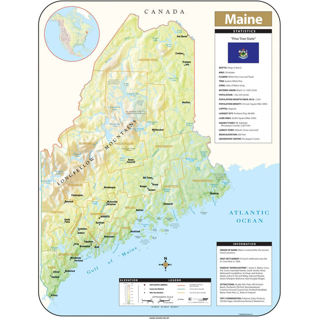 Maine Shaded Relief State Wall Map - Ultimate Globes - POD - KA - S - ME - SHR - 29X38 - PAPER - Ultimate Globes