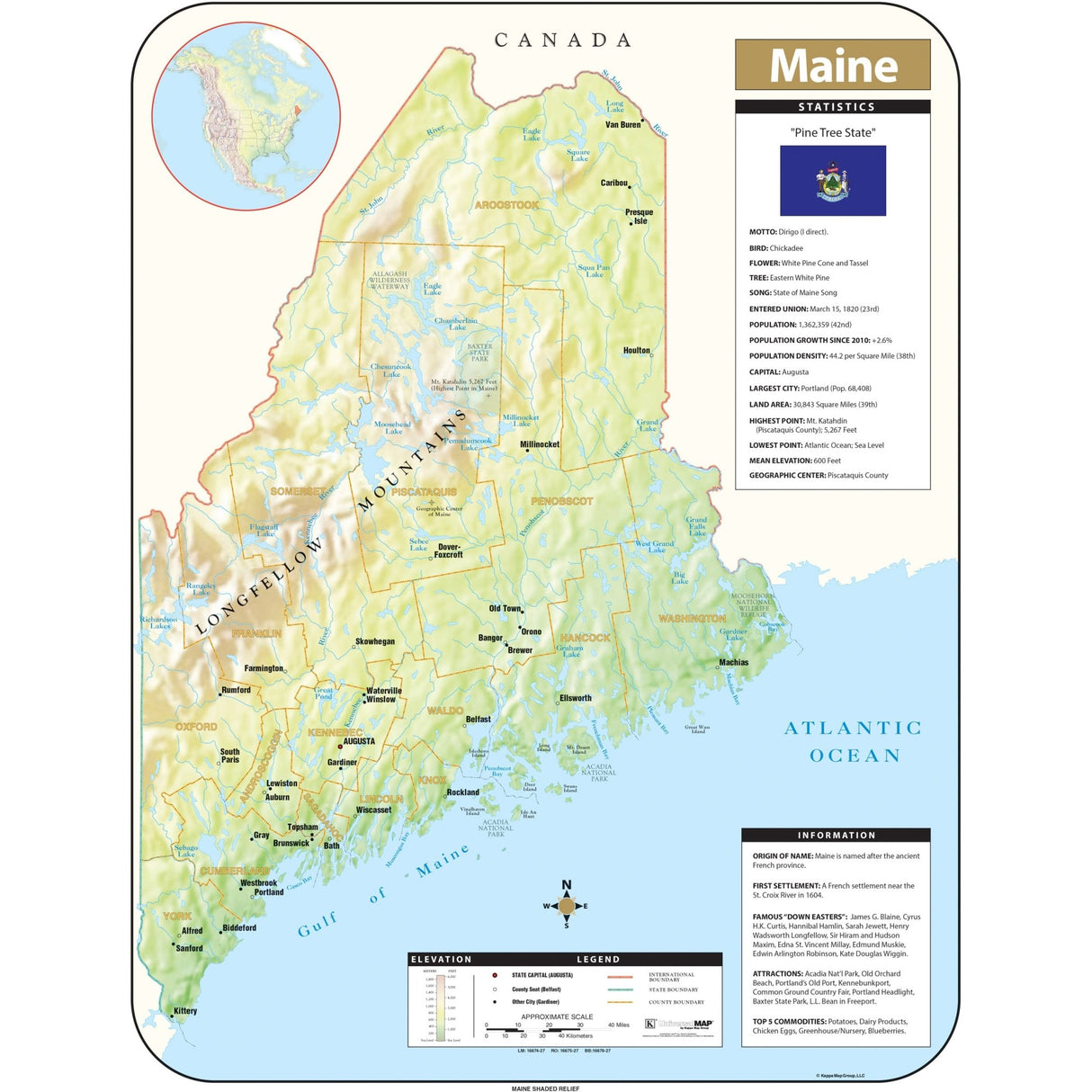 Maine Shaded Relief State Wall Map - Ultimate Globes - POD - KA - S - ME - SHR - 29X38 - PAPER - Ultimate Globes