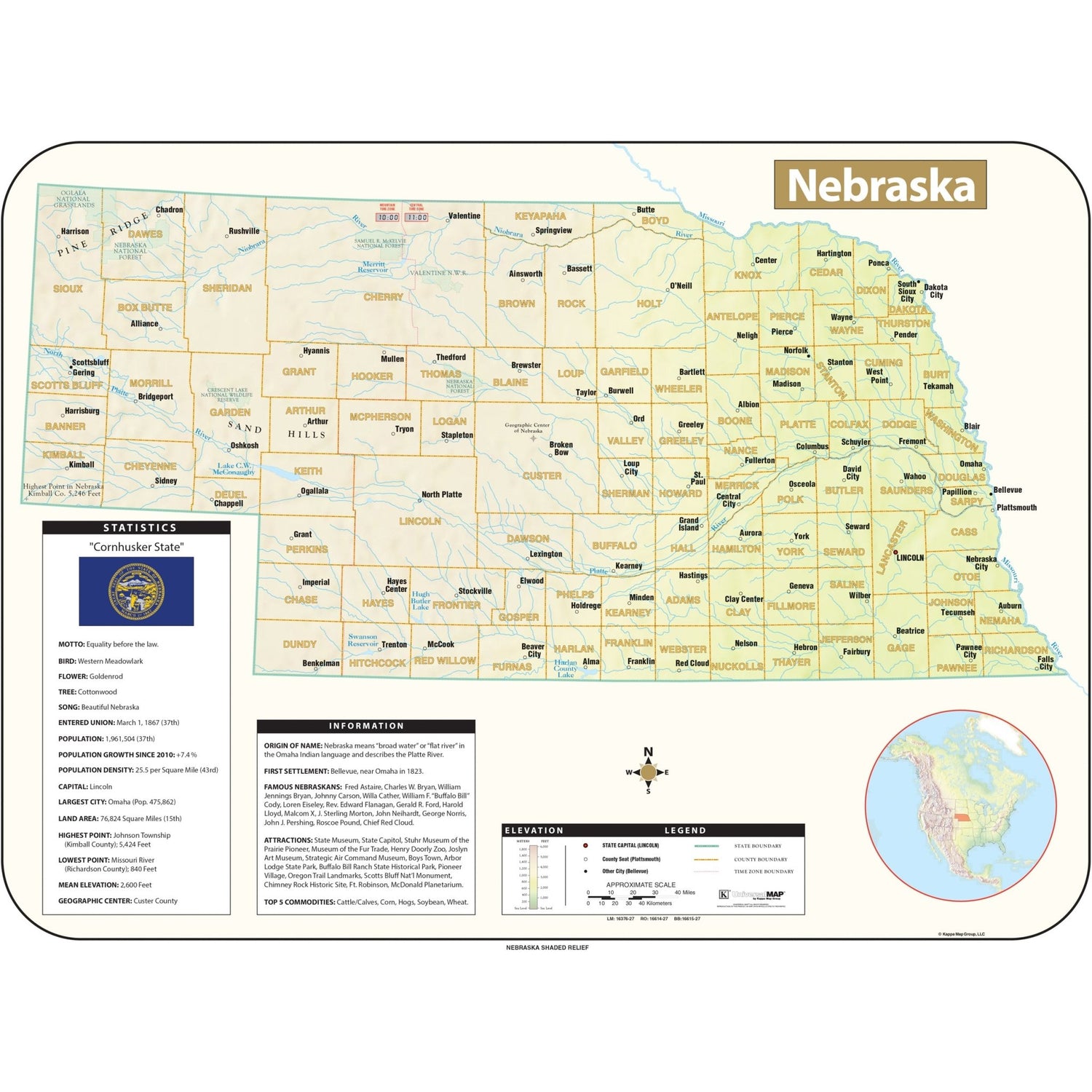 Nebraska Shaded Relief State Wall Map - Ultimate Globes - POD - KA - S - NE - SHR - 38X28 - PAPER - Ultimate Globes