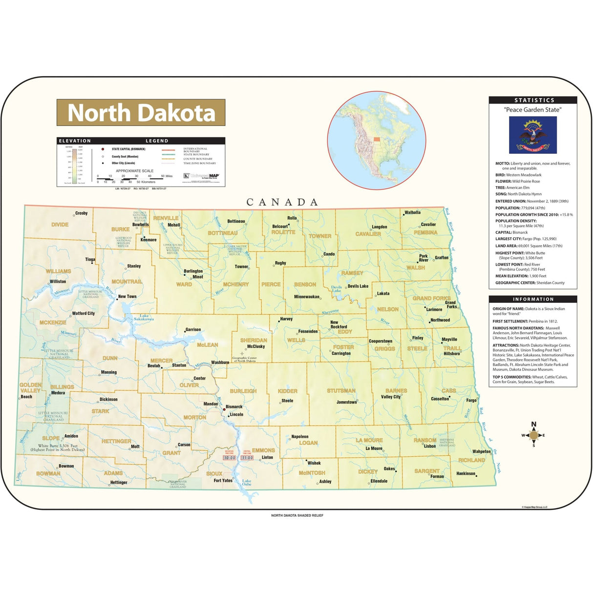 North Dakota Shaded Relief State Wall Map - Ultimate Globes - POD - KA - S - ND - SHR - 38X28 - PAPER - Ultimate Globes