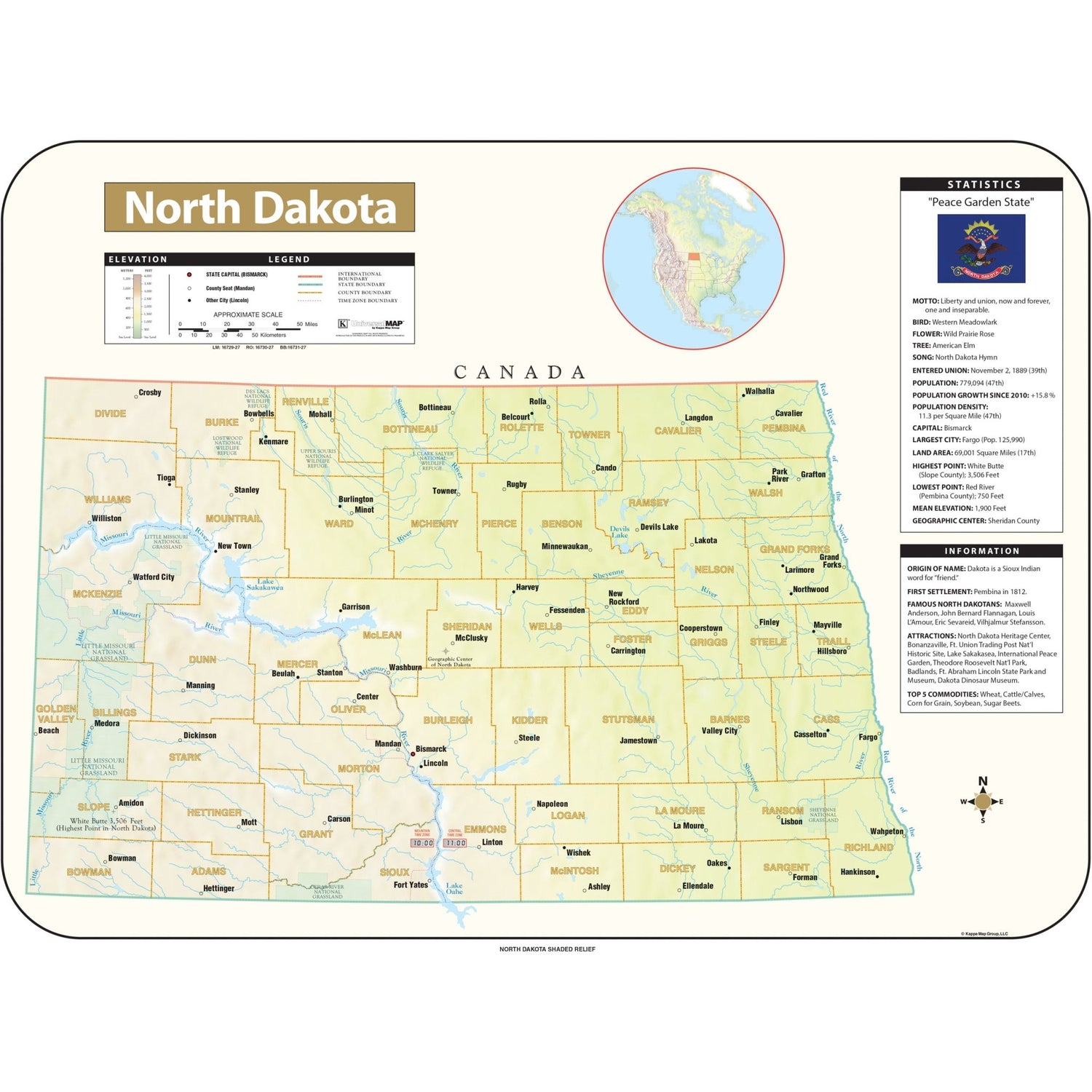North Dakota Shaded Relief State Wall Map - Ultimate Globes - POD - KA - S - ND - SHR - 38X28 - PAPER - Ultimate Globes