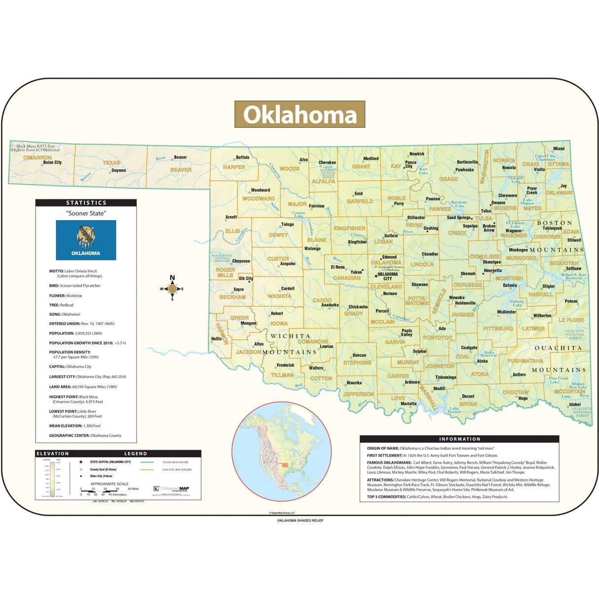 Oklahoma Shaded Relief State Wall Map - Ultimate Globes - POD - KA - S - OK - SHR - 38X28 - PAPER - Ultimate Globes