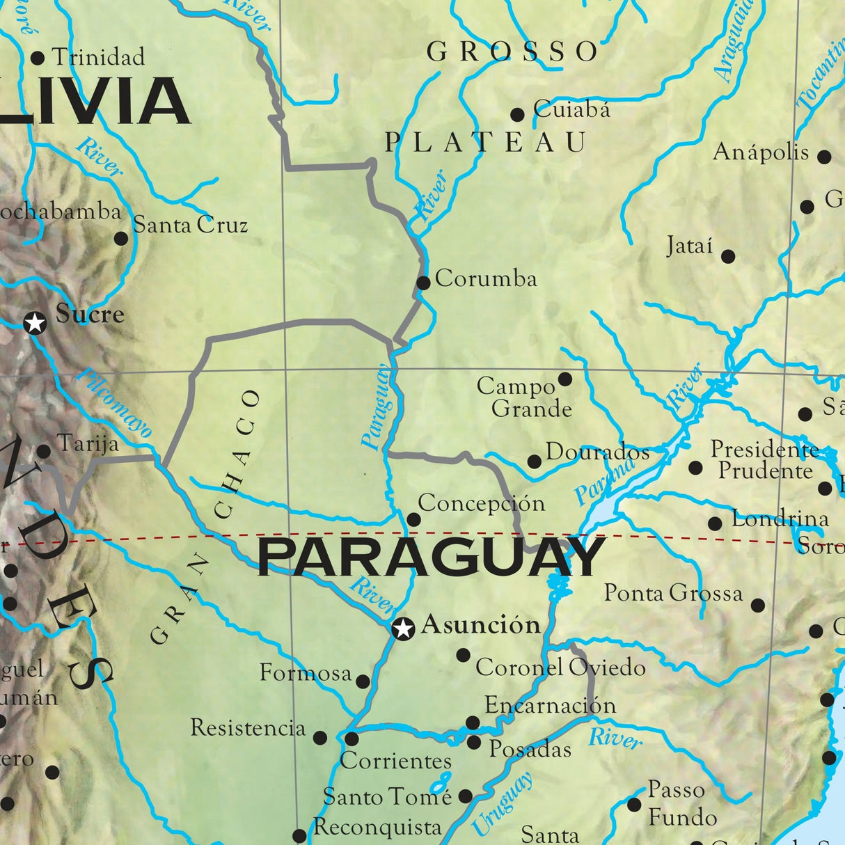 South America Shaded Relief Wall Map - Ultimate Globes - POD - KA - SAM - SHR - 29X38 - PAPER - Ultimate Globes