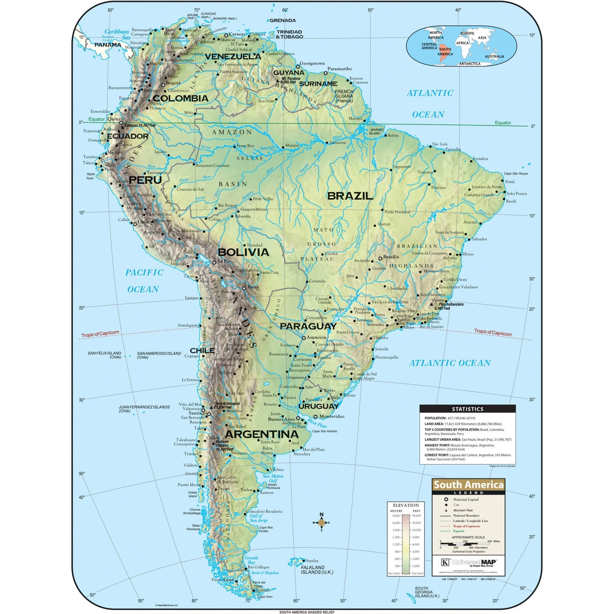 South America Shaded Relief Wall Map - Ultimate Globes - POD - KA - SAM - SHR - 29X38 - PAPER - Ultimate Globes