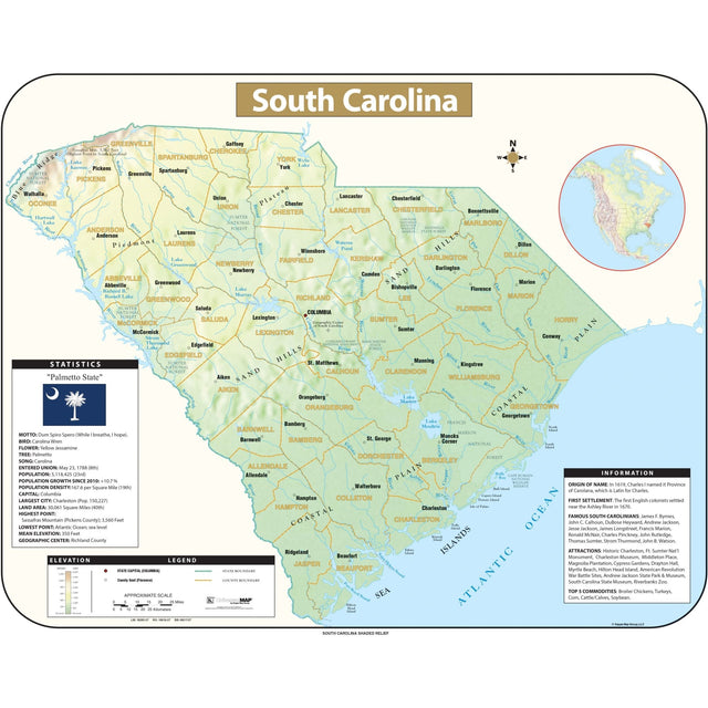 South Carolina Shaded Relief State Wall Map - Ultimate Globes - POD - KA - S - SC - SHR - 38X30 - PAPER - Ultimate Globes