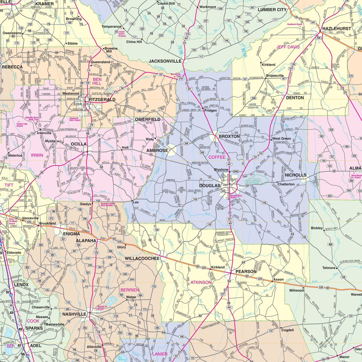 Southern Georgia Regional Wall Map - Ultimate Globes - POD - KA - R - GA - SOUTHERN - PAPER - Ultimate Globes
