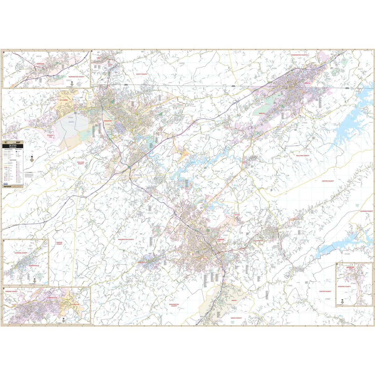 Tri - Cities, TN Wall Map - Ultimate Globes - POD - KA - C - TN - TRICITIES - PAPER - Ultimate Globes