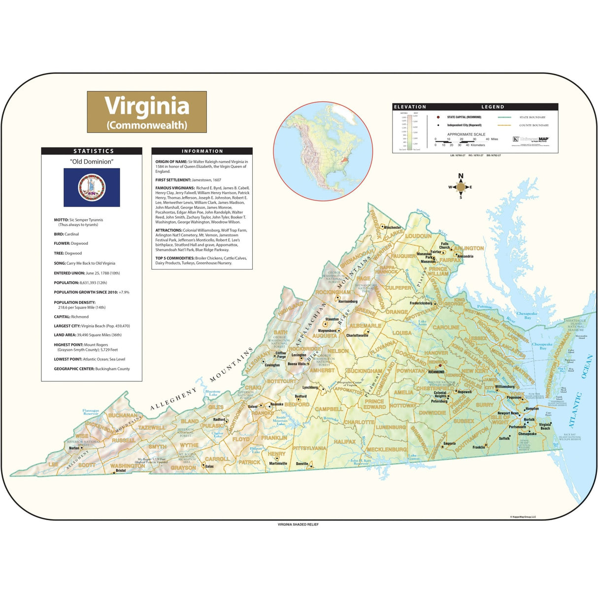 Virginia Shaded Relief State Wall Map - Ultimate Globes - POD - KA - S - VA - SHR - 38X29 - PAPER - Ultimate Globes