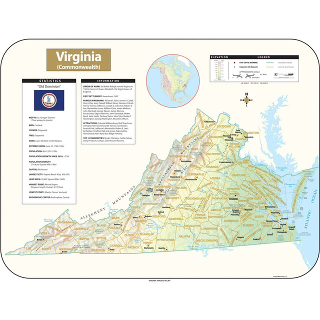 Virginia Shaded Relief State Wall Map - Ultimate Globes - POD - KA - S - VA - SHR - 38X29 - PAPER - Ultimate Globes