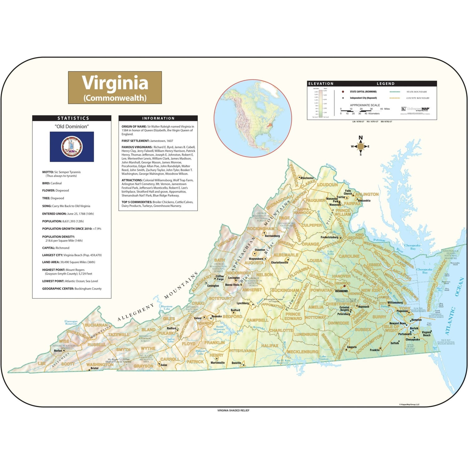 Virginia Shaded Relief State Wall Map - Ultimate Globes - POD - KA - S - VA - SHR - 38X29 - PAPER - Ultimate Globes