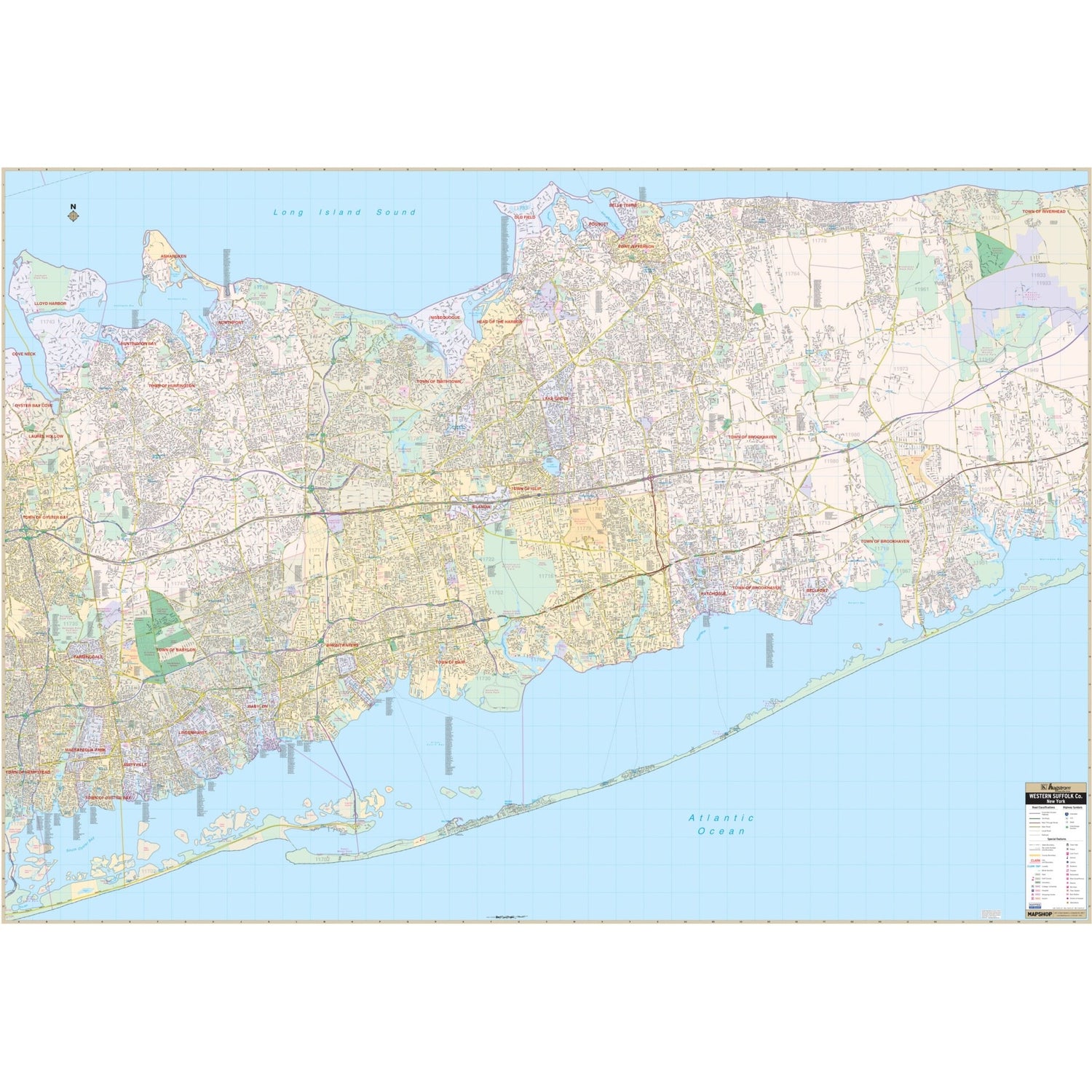 Western Suffolk County, NY Wall Map - Ultimate Globes - POD - KA - C - NY - SUFFOLKWEST - PAPER - Ultimate Globes