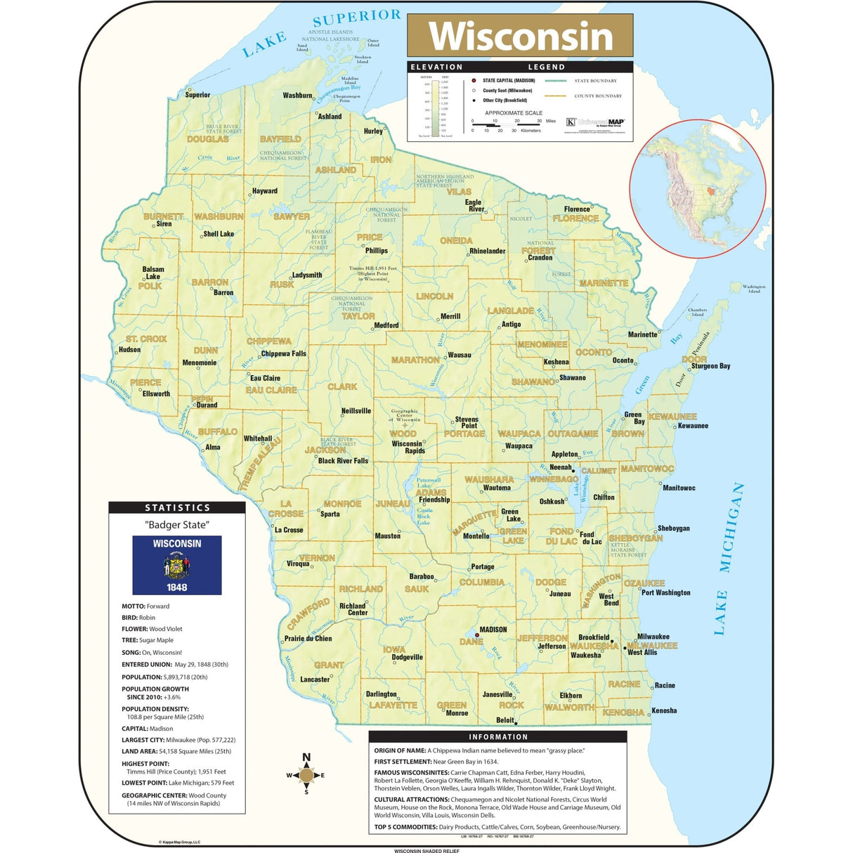 Wisconsin Shaded Relief State Wall Map - Ultimate Globes - POD - KA - S - WI - SHR - 31X38 - PAPER - Ultimate Globes
