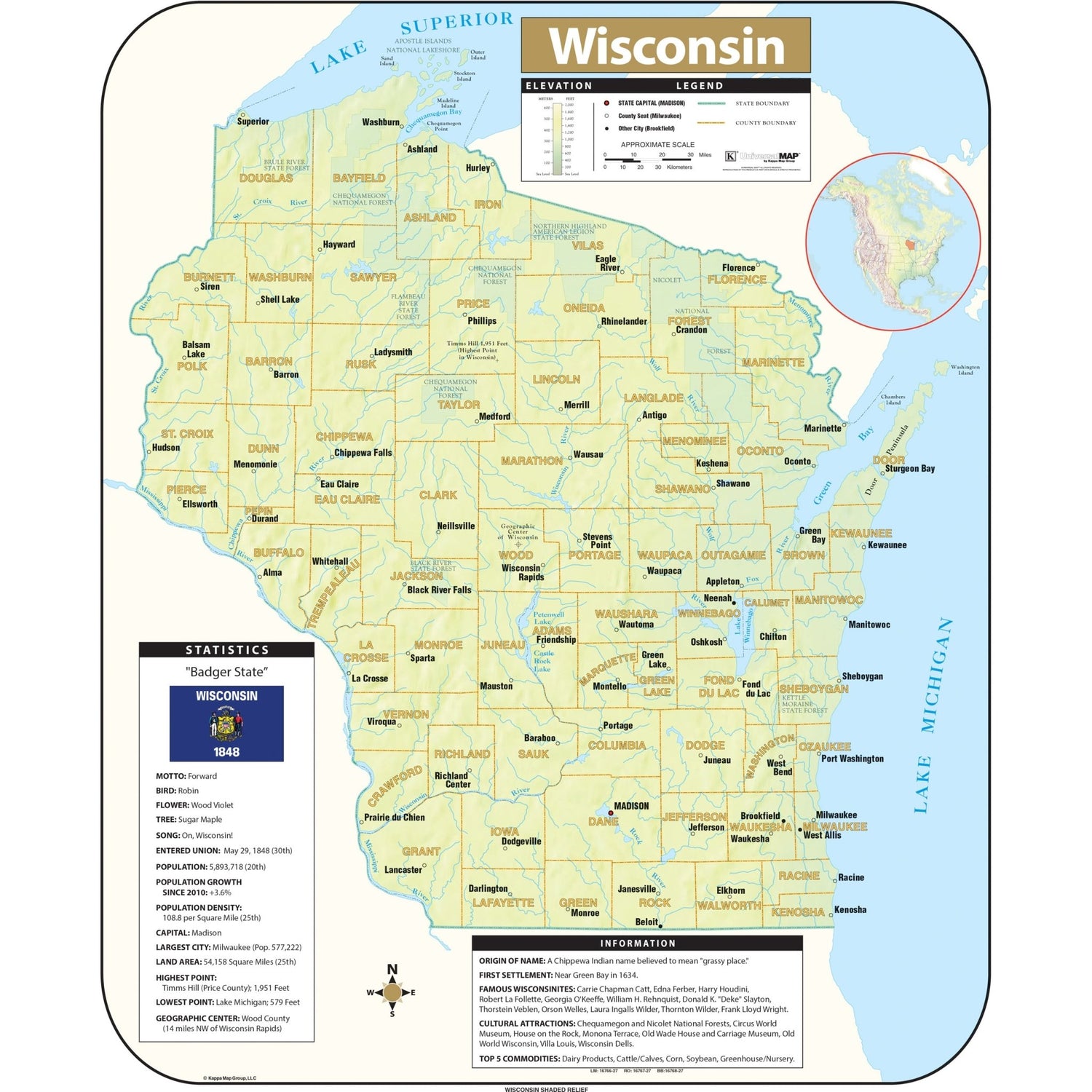Wisconsin Shaded Relief State Wall Map - Ultimate Globes - POD - KA - S - WI - SHR - 31X38 - PAPER - Ultimate Globes