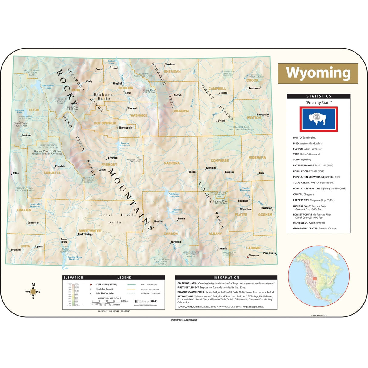 Wyoming Shaded Relief State Wall Map - Ultimate Globes - POD - KA - S - WY - SHR - 38X28 - PAPER - Ultimate Globes
