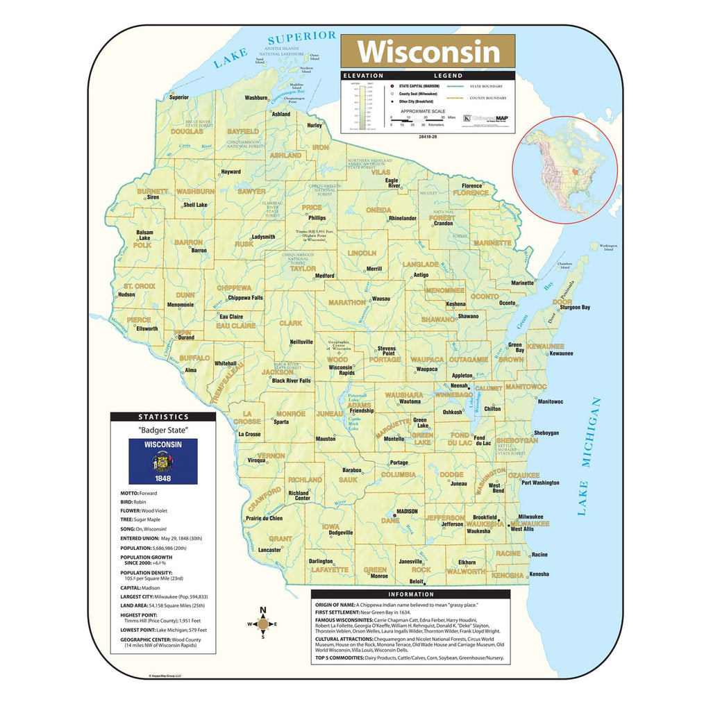 Mapas murales del estado de Wisconsin | Oficina y aula | Globos definitivos  – Ultimate Globes, image size:1024x1024