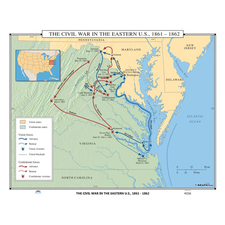 #036 The Civil War in the Eastern US, 1861 - 1862 - Ultimate Globes - POD - KA - HIST - 036 - LAMINATED - Ultimate Globes