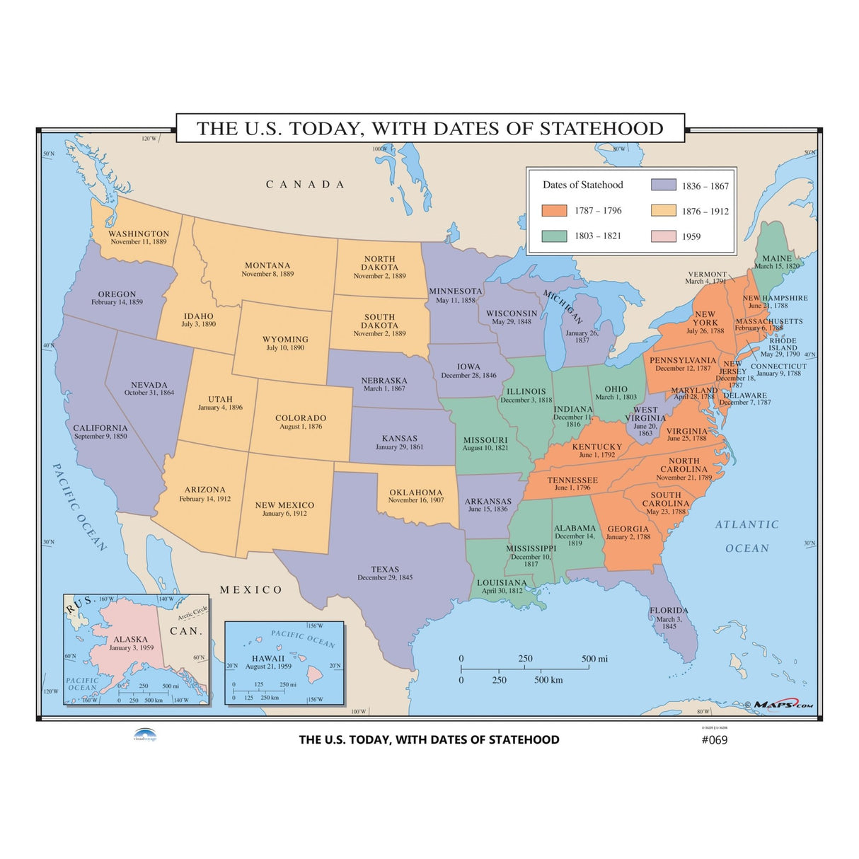 #069 The US Today, with Dates of Statehood - KA-HIST-069-LAMINATED - Ultimate Globes