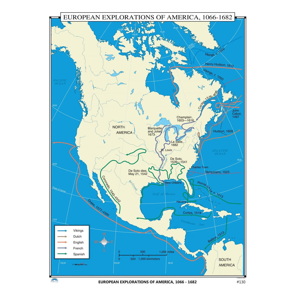 #130 European Explorations of North America 1066-1682 - KA-HIST-130-LAMINATED - Ultimate Globes