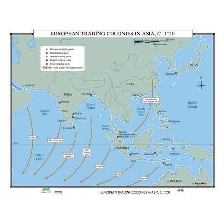 #148 European Trading Colonies in Asia, 1750 - Ultimate Globes - POD - KA - HIST - 148 - LAMINATED - Ultimate Globes