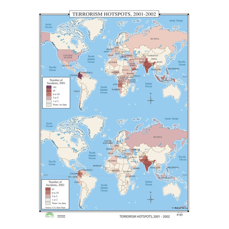 #185 Terrorism Hotspots, 2001 - 2002 - Ultimate Globes - POD - KA - HIST - 185 - LAMINATED - Ultimate Globes