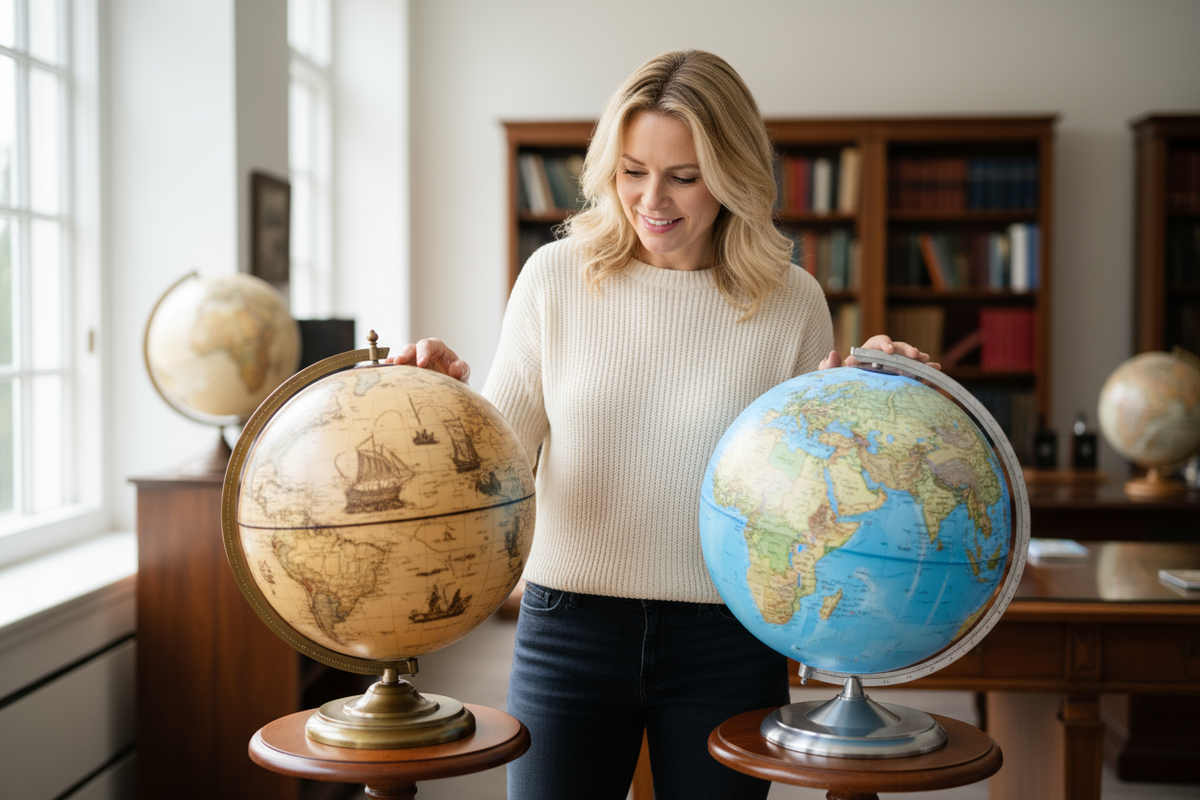 The Ultimate Guide to Buying a World Globe: What to Consider. Picture of woman considering which globe to buy.