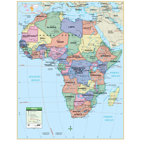 Africa Primary Wall Map - Ultimate Globes - POD - KA - AFR - PRMRY - 42X54 - PAPER - Ultimate Globes