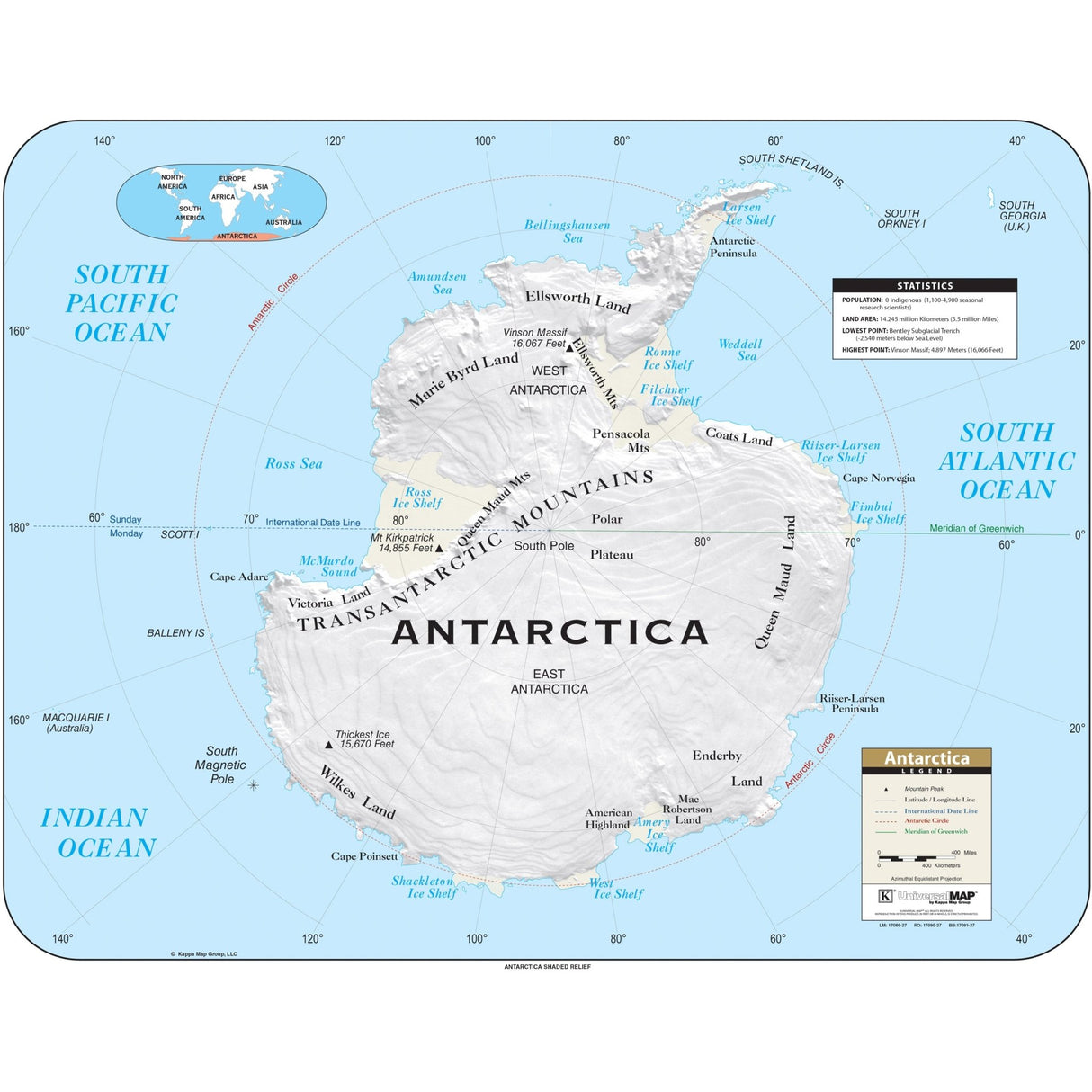 Antarctica Shaded Relief Wall Map - KA-ANT-SHR-38X30-PAPER - Ultimate Globes