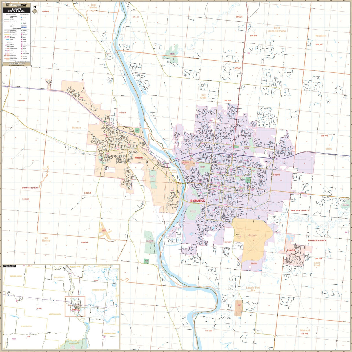 Bismarck & Mandan, ND Wall Map - KA-C-ND-BISMARCK-PAPER - Ultimate Globes