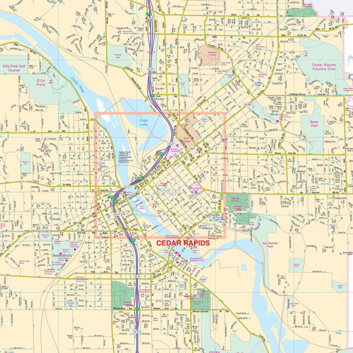Cedar Rapids, IA Wall Map - KA-C-IA-CEDARRAPIDS-PAPER - Ultimate Globes