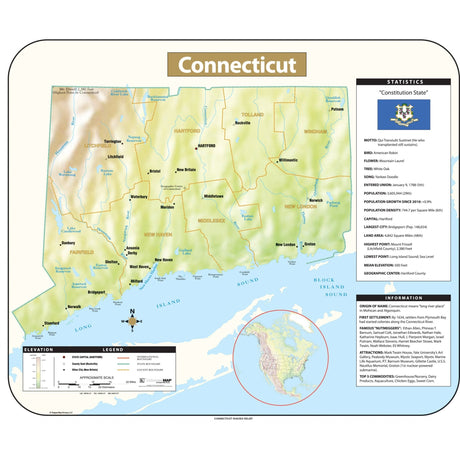 Connecticut Shaded Relief State Wall Map - Ultimate Globes - POD - KA - S - CT - SHR - 38X32 - PAPER - Ultimate Globes