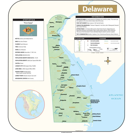 Delaware Shaded Relief State Wall Map - Ultimate Globes - POD - KA - S - DE - SHR - 33X38 - PAPER - Ultimate Globes