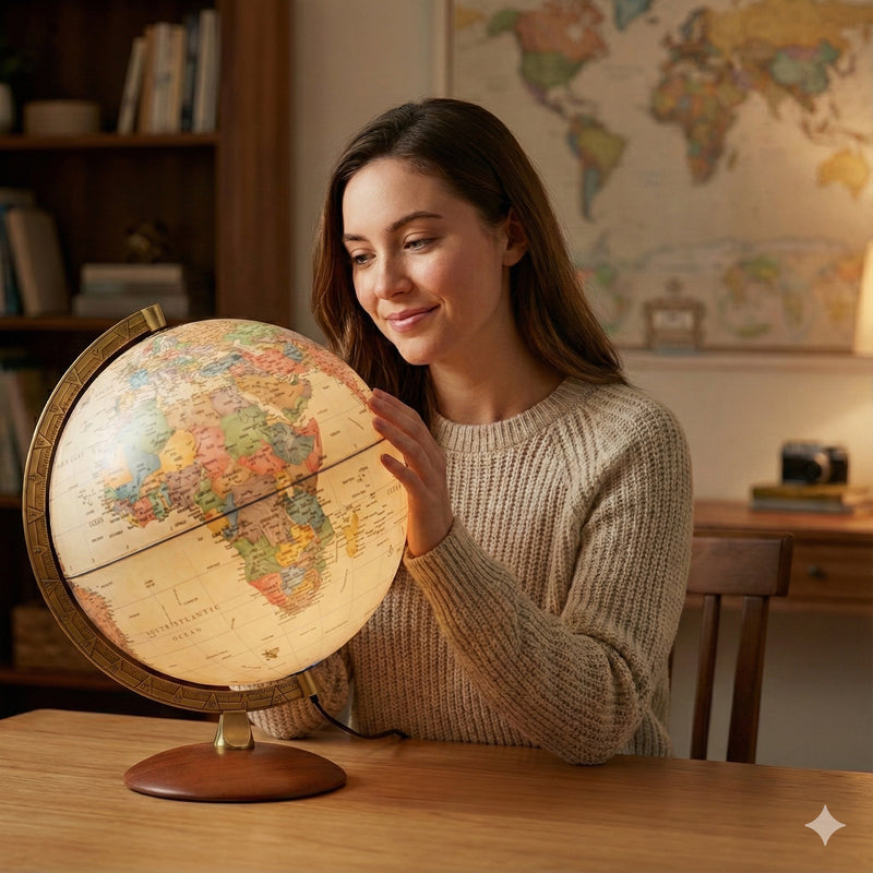 Woman holding a world globe in a room with a world map on the wall.