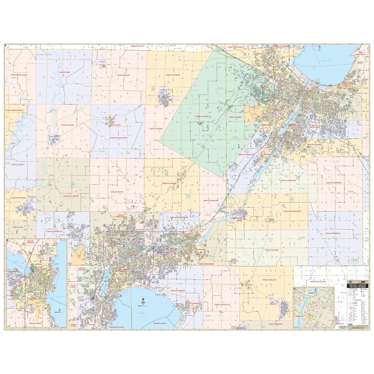 Fox Cities, WI Wall Map - KA-C-WI-FOXCITIES-PAPER - Ultimate Globes